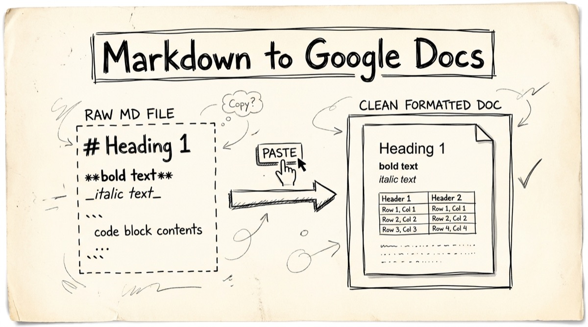 Markdown editor next to a Google Docs–styled preview pane, showing formatted headings, a table, and a rendered LaTeX equation